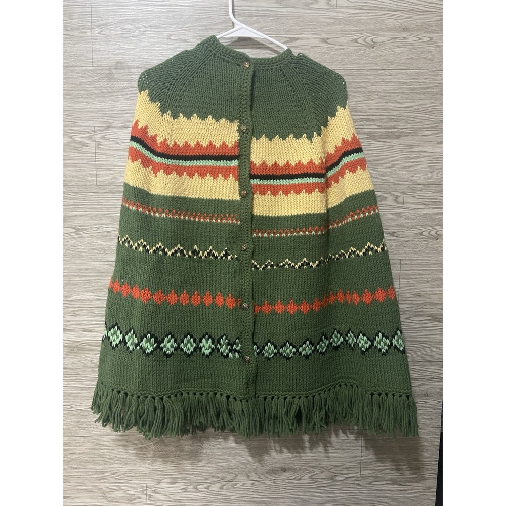 Vintage Handmade Knit Fringe Poncho Cape Fair Isle Cottagecore Green Multi M/L